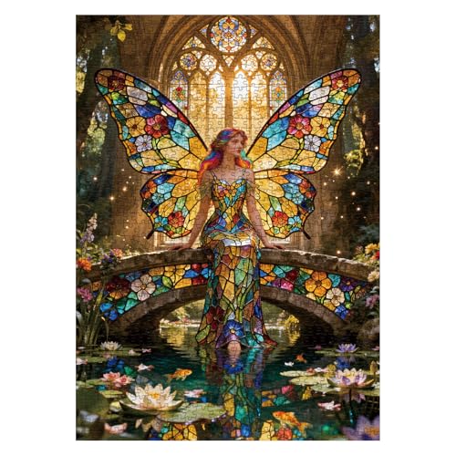 Rompecabezas de mosaico de vidrieras con hada, 1000 piezas para adultos, rompecabezas de rompecabezas fantásticos con alas coloridas, bosque de mariposas, ángel y arcoíris