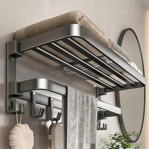 60 cm Wall Mounted Towel Rack for Bathroom 24 Inch Foldable Matte Towel Shelf with Bar and Movable 9 Hooks Space Aluminum Rustproof Towel Organizer for Bathroom Shower and Hotel Use