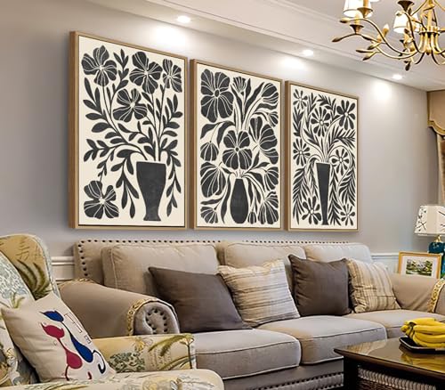 arteWOODS Botanical Framed Wall Art - Neutral Abstract Pictures Vintage Boho Floral Wall Decor Black Beige Minimalist Prints Aesthetic Vase Flowers Painting Artwork 24" x 36" Set of 3 Natural Framed