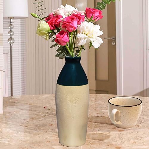 Image of Pure Source India Handcrafted Dark Green Ceramic Bottle-Shaped Flower Vase (9.75 Inches) for Home Decor, Living Room, Gifting, Decorative Small Vase (Flower NOT Included)