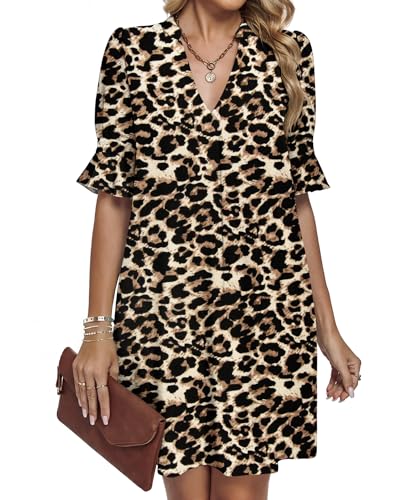 AUSELILY Women's Shift Dresses V Neck Ruffle Short Sleeve Casual Summer Dress with Pockets, Leopard M — view 2