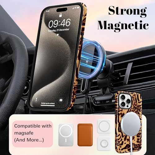 Image of Magnetic for iPhone 15 Pro Max Case for Women Men, Brown Leopard | Cute Cheetah Pattern Design [Compatible with MagSafe] 2-Layer Hybrid Shockproof Glossy Protective Cover