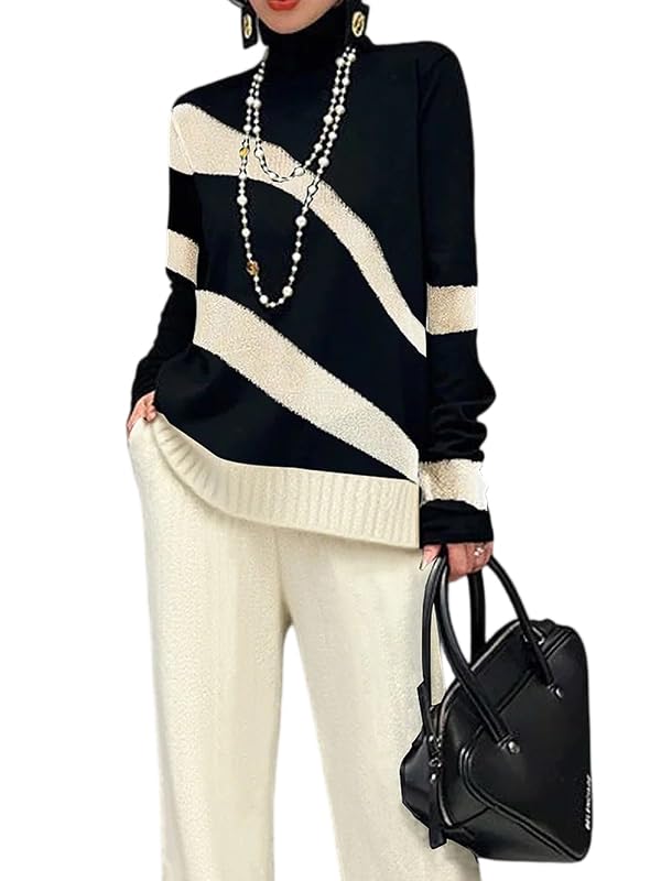 Oshoplive Womens Sweaters Long Sleeve Turtleneck Loose Knit Sweater Ribbed High Neck Striped Pullover Tops Casual