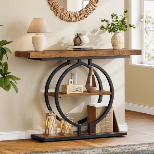 Image of TEENFON 41.3 inch Console Table, Industrial Sofa Table with Storage Shelves and Curved Metal Frame, Narrow Entryway Table for Hallway, Foyer, Living Room, Entrance