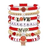 YAHPERN Basketball Bracelets for Women Beaded Heishi MVP Basketball Friendship Stretch Bracelets Game Day basketball MOM Accessories Jewelry Outfits (Red White)