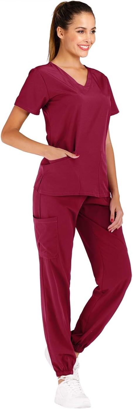 Minty Mint Women's Solid Stretch Medical Uniform Scrub Set V Neck Top Cargo Tapered Jogger Pants Berry XS