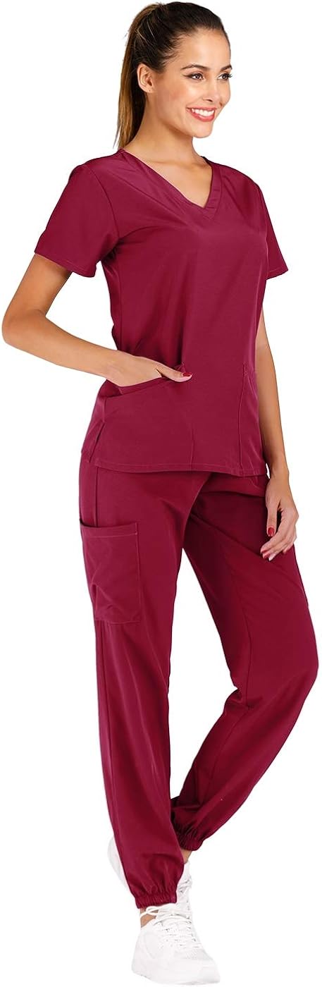 Minty Mint Women's Solid Stretch Medical Uniform Scrub Set V Neck Top Cargo Tapered Jogger Pants: Clothing, Shoes & Jewelry
