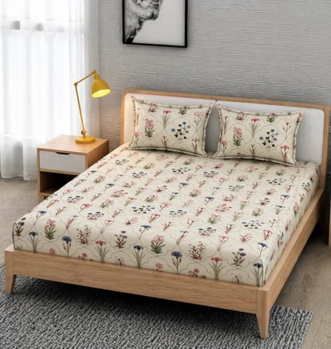 Image of 350 TC Premium Heavy Cotton Feel Elastic Fitted Bedsheet King Size with 2 Pillow Covers || Double Bed with All Around Elastic (Auralia, Fitted - Double72x72)