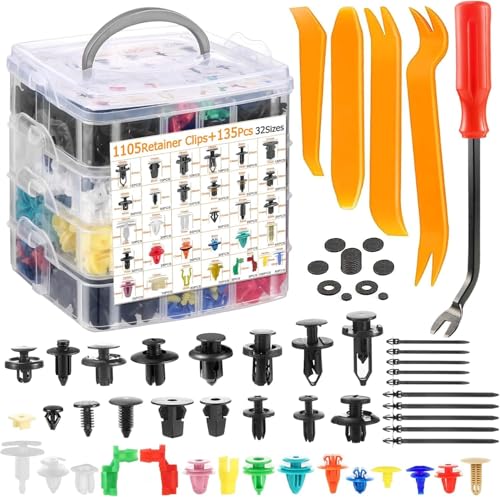 EINESIN Car Push Retainer Clips & Auto Fasteners Assortment, Plastic Push Pin Rivets Expansion Screws Replacement Most Popular Sizes Auto Push Pin Rivets Set -Door Trim Panel Fender Clips (1240)