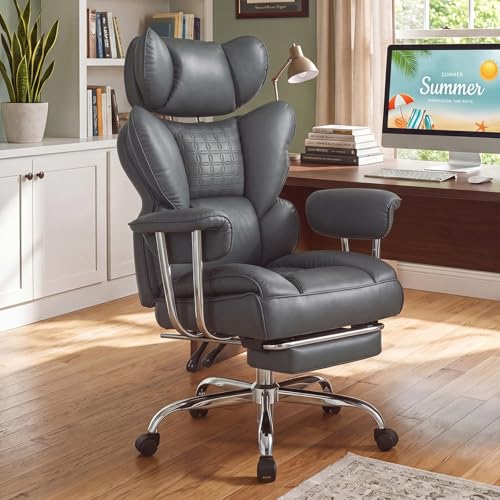 Image of DUMOS Big and Tall Office Chair 400 LBS, Scratch-Resistant PU Leather Executive Office Desk Chair with Footrest, Ergonomic Reclining Computer Chairs with Pocket Spring Support, Grey