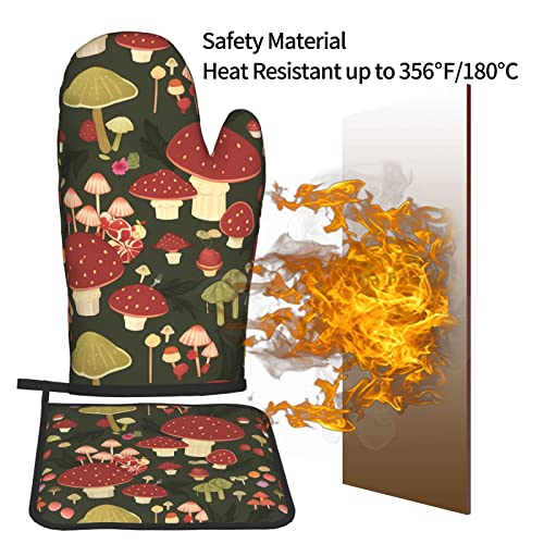 Vintage Mushroom Oven Mitts And Pot Holders Sets Of 2, Non-Slip Cooking Hot Pads Washable Heat Resistant For Kitchen Microwave Bbq Baking Grilling #TOP2