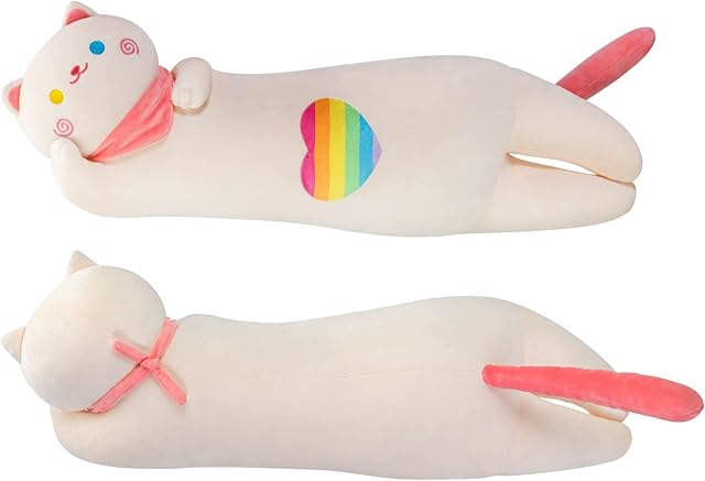 Mewaii 25in Long Cat Plush Pillows Stuffed Animals Squishy Pillows - Plushie Lying on His Side Kitty Sleeping Hugging Plush Pillow Soft Toys for Kids(Creamy White)