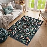 Lahome Insect Botanical 3x5 Washable Rugs for Entryway Soft Rug for Bedroom, Black Kitchen Rugs Non Slip Washable, Boho Floral Indoor Throw Carpet for Bathroom Laundry Living Room(Black,3x5)