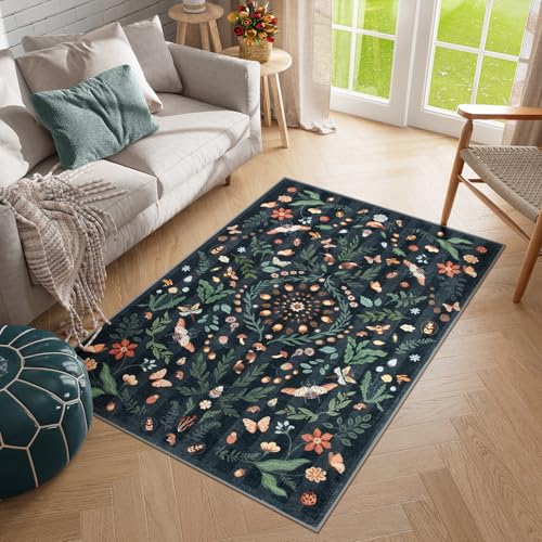 Lahome Insect Botanical 3x5 Washable Rugs for Entryway Soft Rug for Bedroom, Black Kitchen Rugs Non Slip Washable, Boho Floral Indoor Throw Carpet for Bathroom Laundry Living Room(Black,3x5)