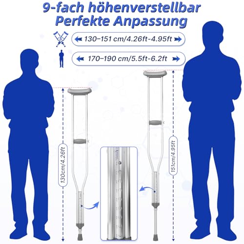 2 Stück Achselkrücken aus Aluminium – höhenverstellbare Unterarmgehstützen mit 9 Stufen, weichem Achselpolster & EVA-Griff – geeignet für Erwachsene, Jugendliche, nach Operationen, bei Behinderung ode