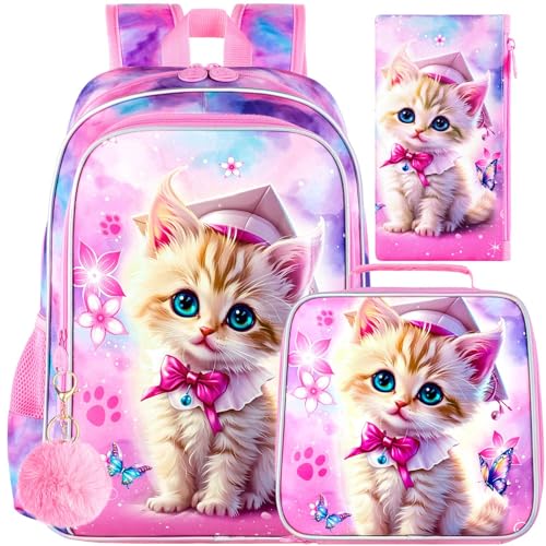 gxtvo 3PCS Girls Cat Bookbag, 16