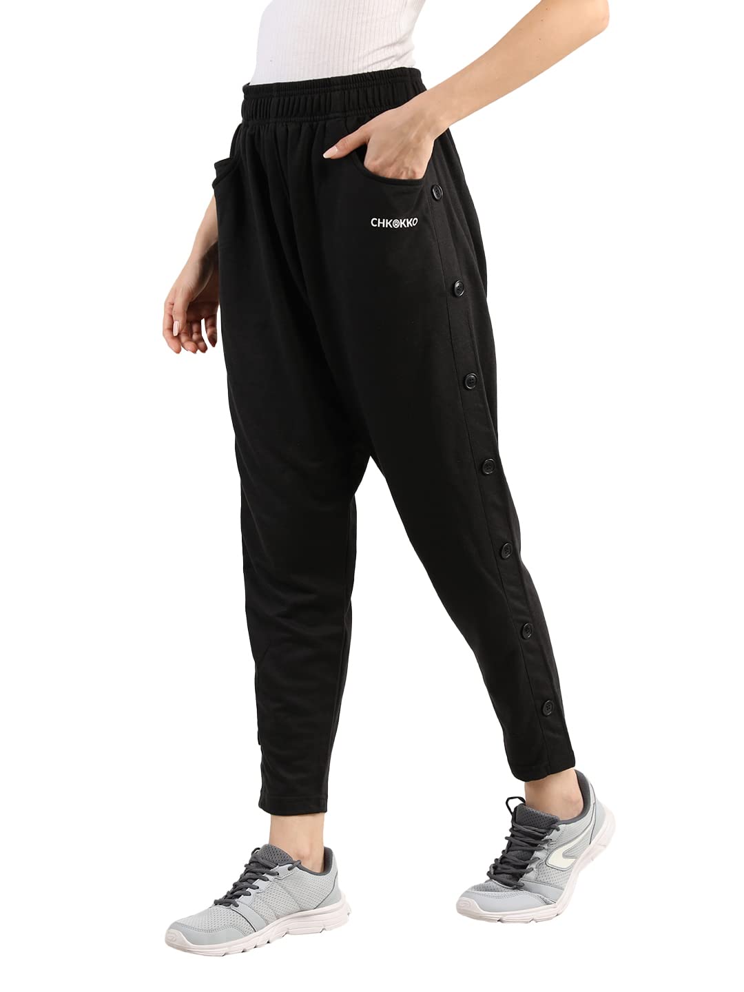 Women Regular Fit Casual Side Button Poly Cotton Track Pants
