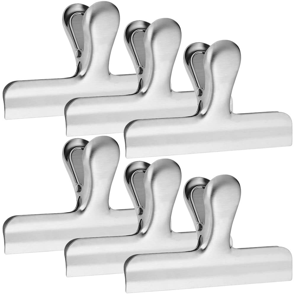 6 Pack Stainless Steel Chip Bag Clips, 4.7 inch Width, DanziX Big Paper Seal Grip for Coffee Food Bread Bags, Kitchen Home Office Usage - Sliver