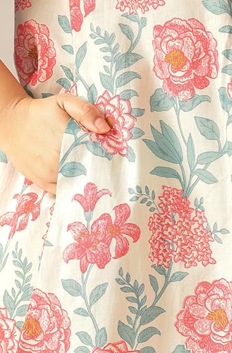 Image of Janasya Women's Plus Size Off White Pure Cotton Floral A-Line Tunic