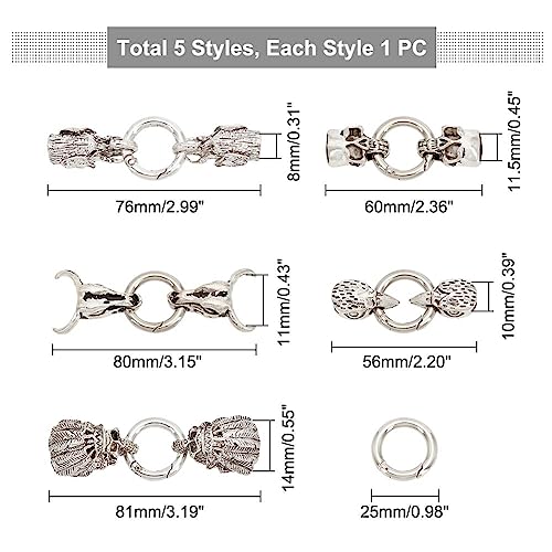 UNICRAFTALE About 5 Sets 5 Styles Tibetan Style Alloy Cord Ends Antique Silver Spring Gate Rings Animal Head O Rings Leather Cord Buckle Column End Clasps for Jewelry Making - Image 2