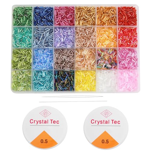 GTAAOY 9600pcs Tube Beads Kit for Adults Glass Bugle Seed Beads for Jewelry Making Small Craft Bead for DIY Bracelet Necklaces Craft Making with Two Crystal String (7mm/24 Colors)