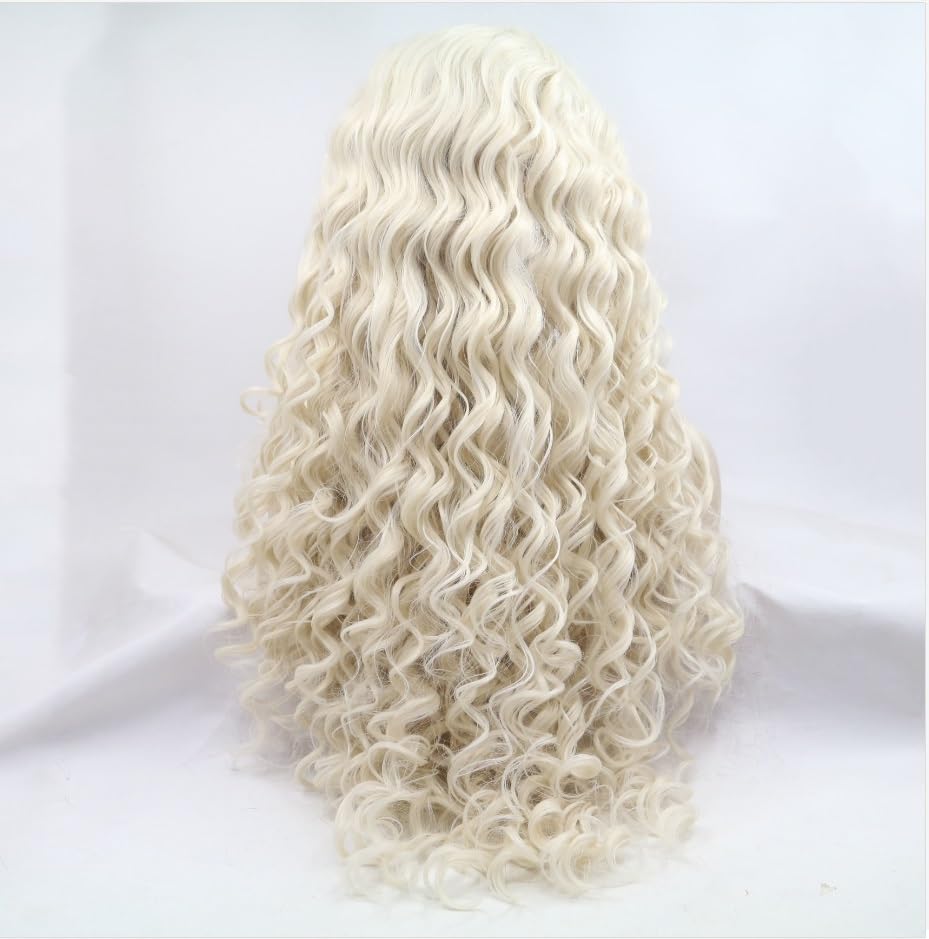 xiweiya Platinum Blonde Curly Wig Long Natural Wave Curly White Blonde Synthetic Lace Front Wig Blonde Wig Heat Resistant Fiber Hair 180% Density Wig for Woman 26inch - Image 3