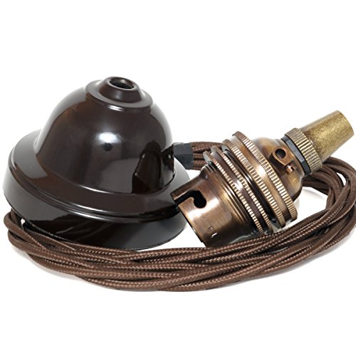 Ceiling Pendant Kit incl. New Solid Bakelite Brown Ceiling Cup, Antique Brass B22 Lampholder with Mocha Brown Twisted Flex