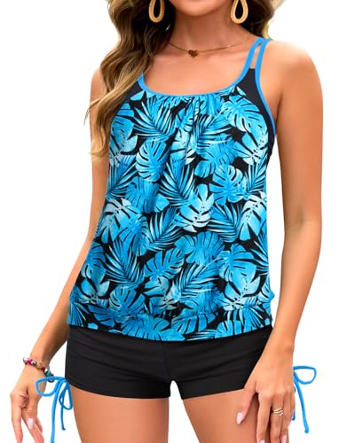 Image of Holipick Womens 2 Piece Tankini Swimsuit Blouson Tummy Control Bathing Suit | Double Up Design, Removable Pad, High Waisted Boy Shorts