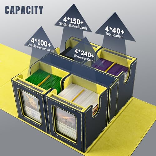 Image of Kabinka Card Deck Box for MTG Commander, Holds 400+ Double-Sleeved Cards, 5 IN 1 Detachable Card Case with Dice Tray, Fits Magic /TCG Cards, 4 Magnetic Card Holders & Dividers (Blue Yellow)