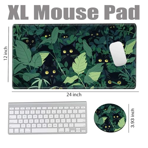 Image of Grass Black Cat Mouse Pad Gaming Desk Mat 24x12 Mousepad XL Desk Pad Long Computer Mat Large Mouse Pads for Wireless Mouse Office Work Women