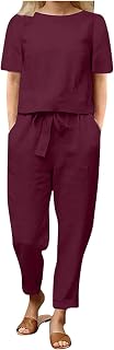 Womens 2Pcs Capri Sets Summer Linen Lounge Set Casual Boat Neck Short Sleeve Pullover Tops Drawstring Crop Pants 2025