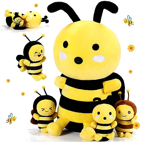 Aoriher 5 Pcs Stuffed Animals 1 Large Plush Bee and 4 Cute Plush Baby Soft Bees for Birthday Gifts, Baby Shower Theme Party Decorations