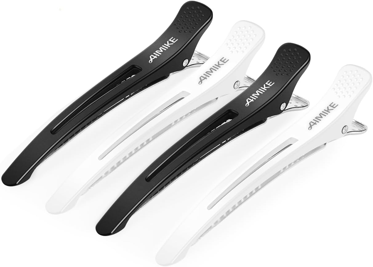 AIMIKE 4pcs Professional Hair Clips for Styling Sectioning, Non Slip No-Trace Duckbill Hair Clips w/Silicone Band, Salon and Home Hair Cutting Clips for Hairdresser, Women, Men - White & Black 4.3”