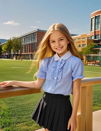 Image of Girls Short Sleeve Button Down Shirts Ruffle School Uniform Crop Tops Peter Pan Collar Plaid Blouse 4-13Y