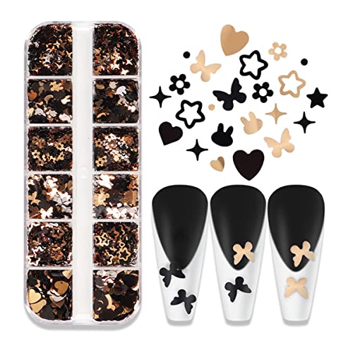 Bynyto 2 Boxes Heart Nail Art Glitter Sequin, Pink Gold Black Charms For Acrylic, Butterfly Sakura Flower Bunny Star Design 3D Flakes, Mixed Shape Paillettes Valentine Manicure Decor, 5.0 Grams #TOP3