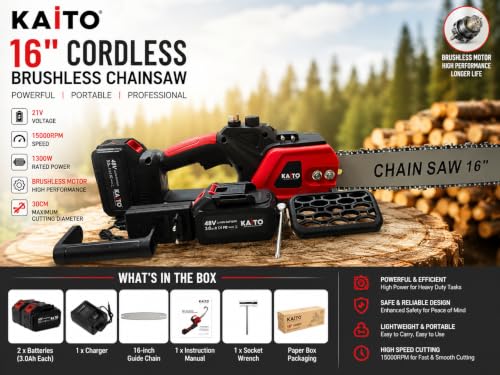 Image of KAITO 16-Inch Cordless Brushless Chainsaw | 48 V | 1300 W | 15000 RPM | 2 x 3.0 Ah Batteries | for Tree Cutting & Gardening
