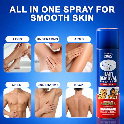Image of Vetoni India Veclean Hair Removal Spray Foam, 200ml, for Men and Women, Enriched with Aloe Vera & Lemon, 3 Minute Formula, Painless for Chest, Back, Legs & Underarms
