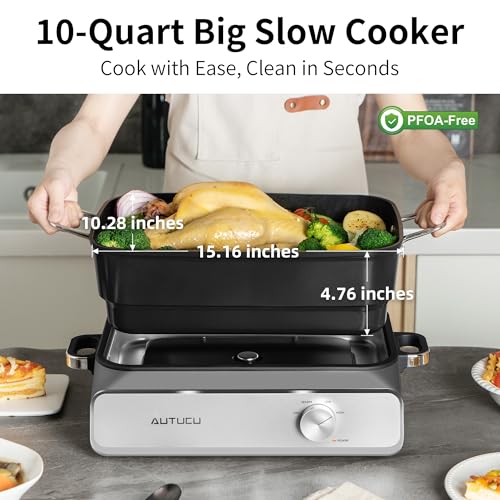 Image of Slow Cooker 10-Quart - PFOA-Free Ceramic Coating, Oven Safe to 450F | Keep Warm Function for Large Family Gatherings (Includes Silicone Spoon)