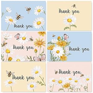 AnyDesign 36 Pack Daisy Thank You Cards with Matching Seal Stickers Envelope Assorted Watercolor Flower Bees Greeting Blank Note Cards for Baby Shower Wedding Birthday Party Business Stationery