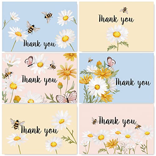 AnyDesign 36 Pack Daisy Thank You Cards with Matching Seal Stickers Envelope Assorted Watercolor Flower Bees Greeting Blank Note Cards for Baby Shower Wedding Birthday Party Business Stationery