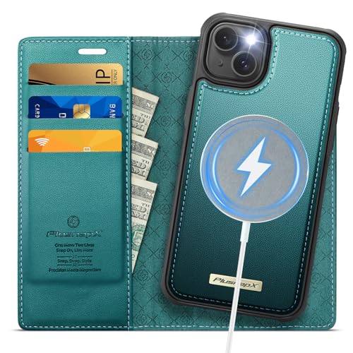 Image of Wallet Case for iPhone 13 Compatible with Magsafe, 2-in-1 PU Leather Flip RFID Blocking Card Holder Stand Shockproof Magnetic Detachable Cover for iPhone 13 Case 6.1 inch, Bluegreen