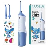 COSLUS C31 Kids Water Teeth Flosser: Portable Deep Cleaning Picks 4 Modes for Ages 6+, IPX7 Waterproof Rechargeable with 2 Jet Tips, Blue