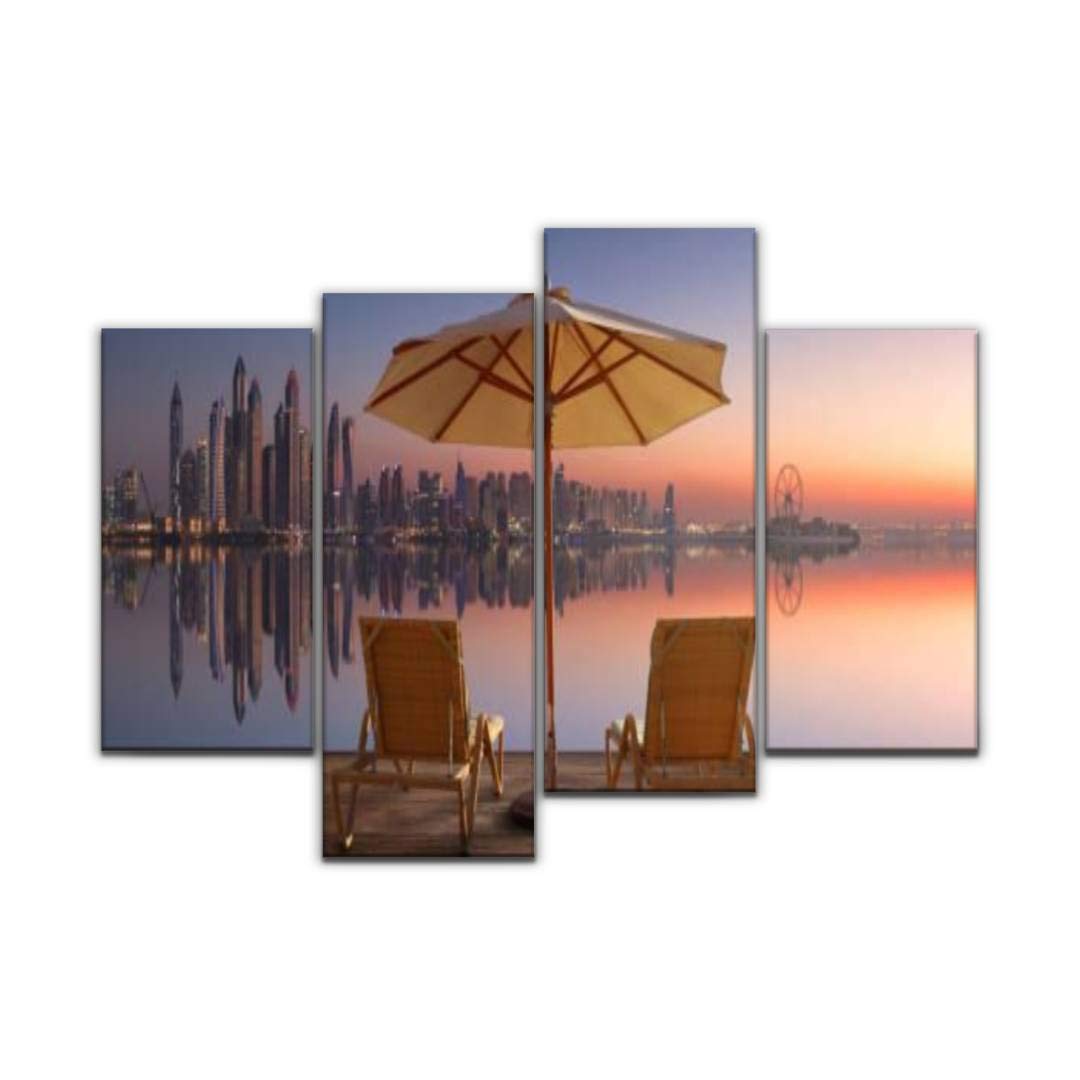 4 Panel beautiful beach in dubai with the skyline of dubai marina on the Canvas Pictures Home Decor Gifts Canvas Wall Art for your Living Room