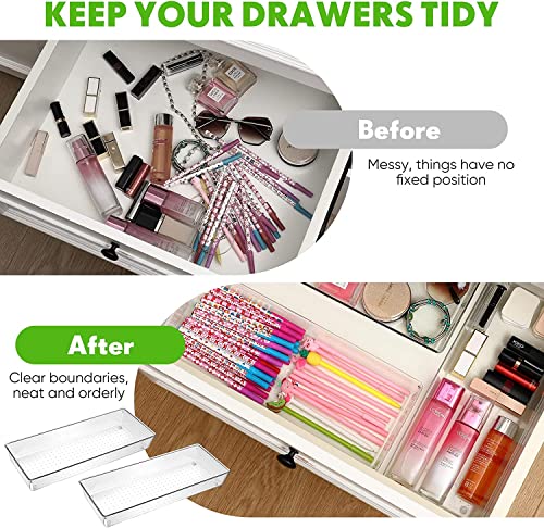 Image of Snazzy 6 Pack Clear Plastic Drawer Organizer Tray 15 x 6 x 2 Inch Cutlery Utensil Makeups Drawer Organizers Stackable Clear Bathroom Organizer Clear Tray Organizing Bins