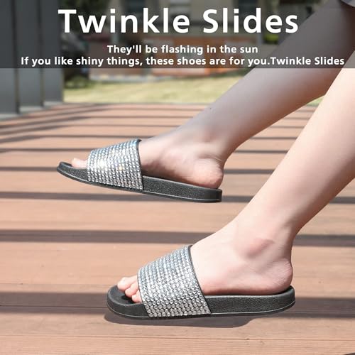 Image of Fur Story Womens Slides House Slippers Rhinestone Glitter Slides Cute bling Flat for Women Platform Sandals Cozy Bedroom Slippers Shower Shoes