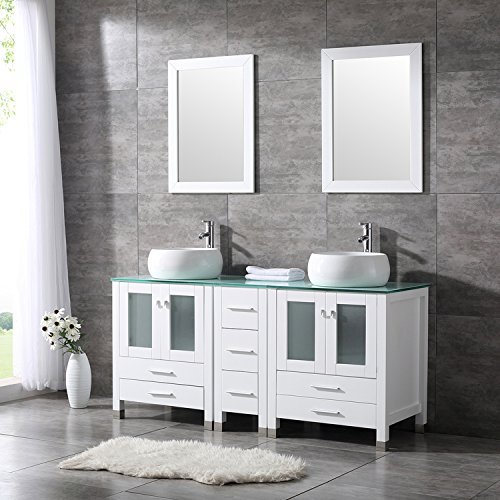 Bathjoy 60" White Double Wood Bathroom Vanity Cabinet And Round Ceramic Sink W/Mirror Combo Wash Basin With Faucet #TOP1