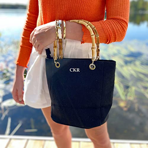 Bamboo Handle Bucket Bags - Crossbody Included - Personalized - Perfect Size - Coastal Style - Embroidered Monogram Included2