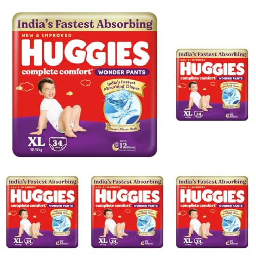 Image of Huggies Complete Comfort Wonder Pants | Pant Style Baby Diapers Extra Large Size (XL), 34 Count | India's Fastest Absorbing Diaper, Prevents Diaper Rash, Ideal for 12 to 17 Kgs (Pack of 5)