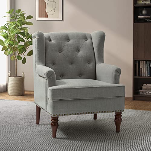 Silla Decorativa Moderna de Mediados de Siglo, sillas tapizadas con Tela capitoné y Patas de Madera Maciza para Sala de Estar, Dormitorio, Club de Lectura, Gris