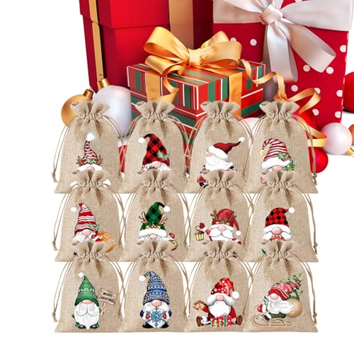 Bolsas de regalo de Navidad, 12 piezas de arpillera reutilizables con cordón, bolsas de aperitivos de Navidad, para Halloween, Acción de Gracias, hogar, vacaciones, nuevas decoraciones reutilizables